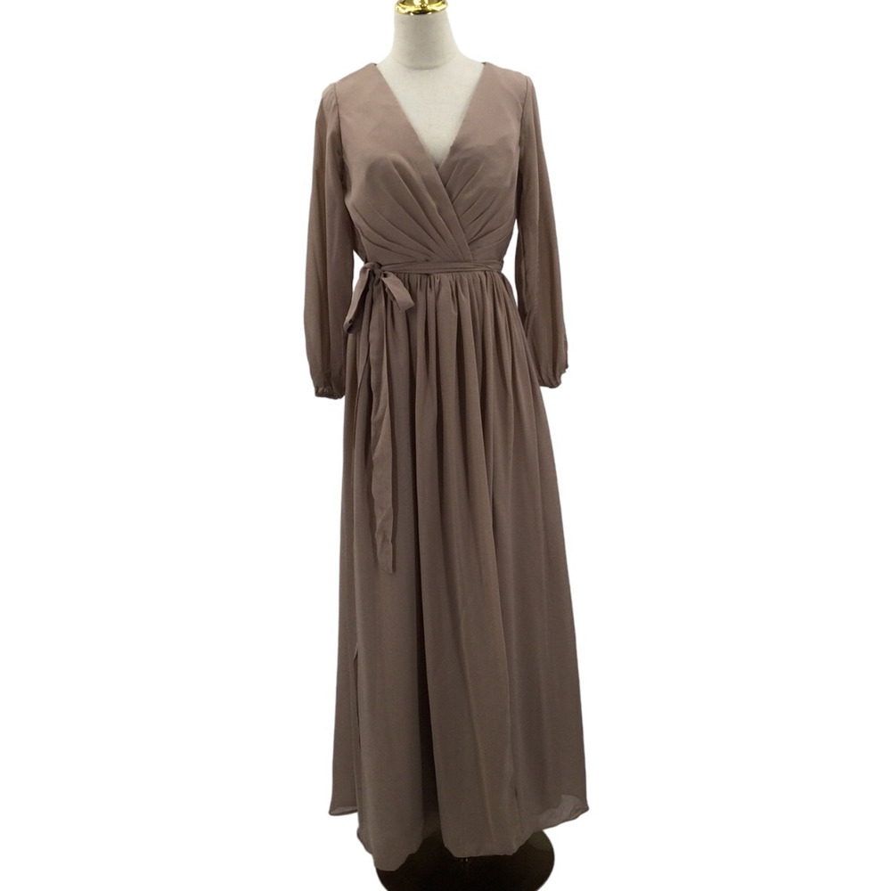 FORMAL SZ 8 M Tan Taupe Brown Faux Wrap Belted Maxi Dress NEW 0B13